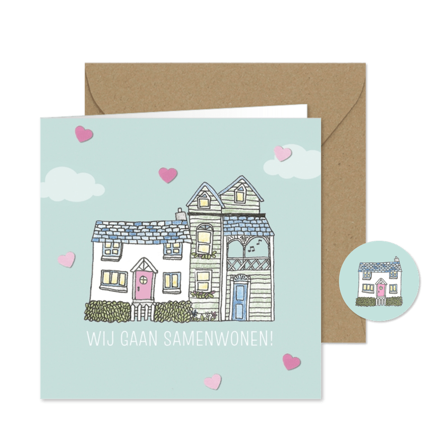 Verhuiskaart met hartjes en twee schattige huisjes - Kaartimpressie