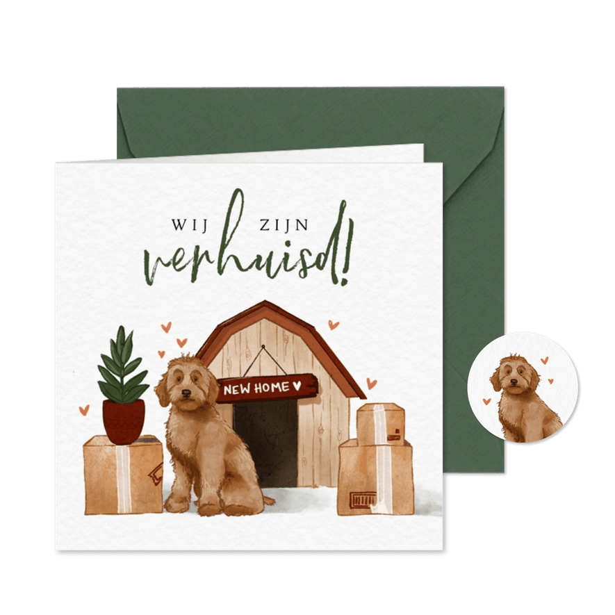 Verhuiskaart met hond tussen de verhuisdozen - Kaartimpressie
