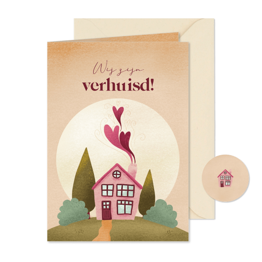 Verhuiskaart met huis en hartjes voor adreswijziging - Kaartimpressie