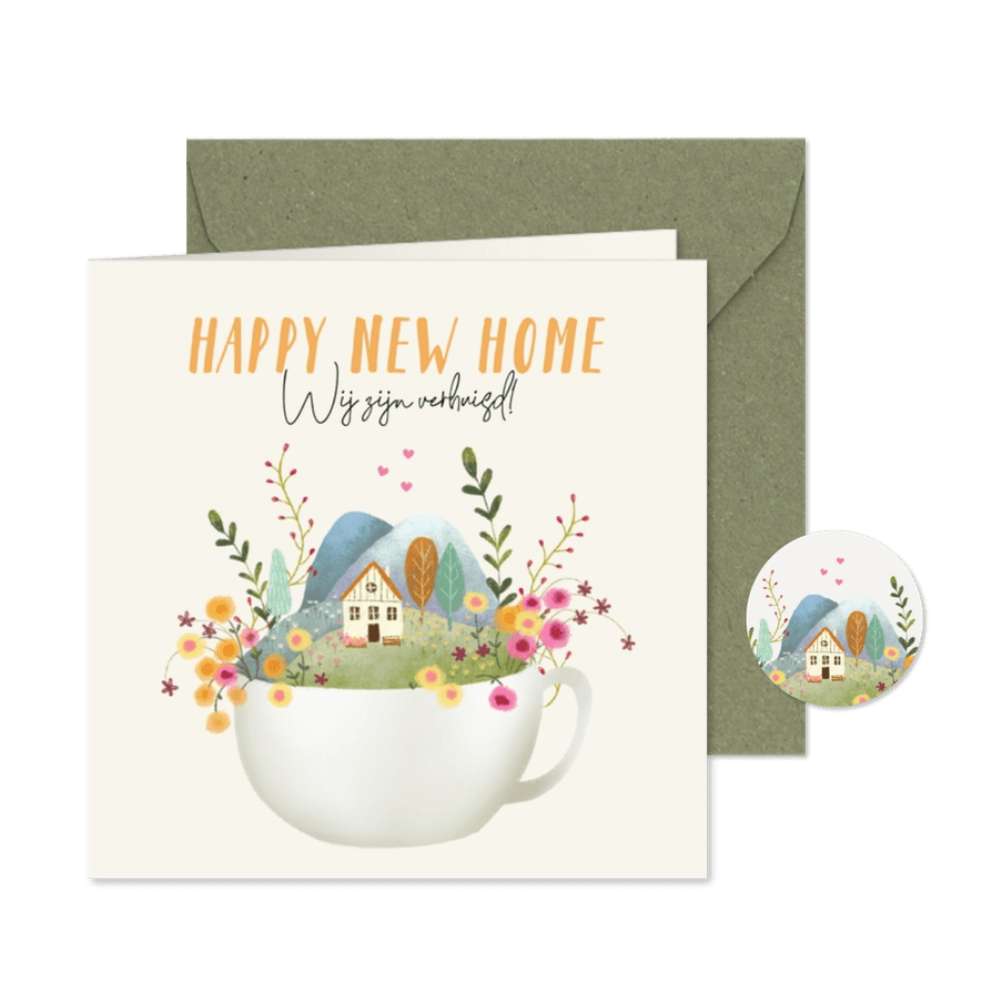 Verhuiskaart met huis in een theekopje  - Kaartimpressie