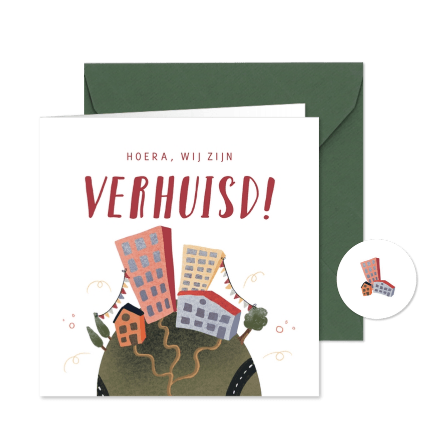 Verhuiskaart met huizen en flats en slingers - Kaartimpressie