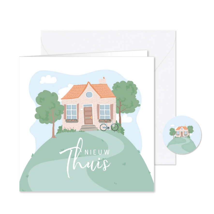 Verhuiskaart met illustratie van een huis op een berg. - Kaartimpressie