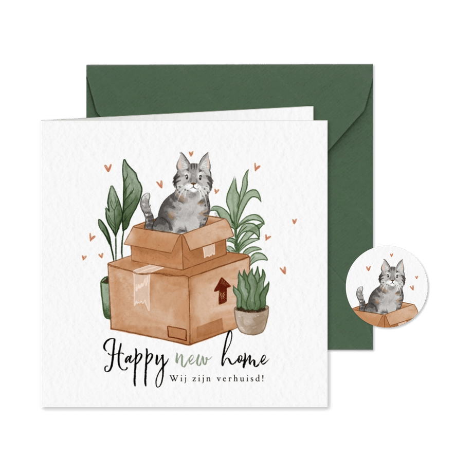 Verhuiskaart met kat in een verhuisdoos - Kaartimpressie