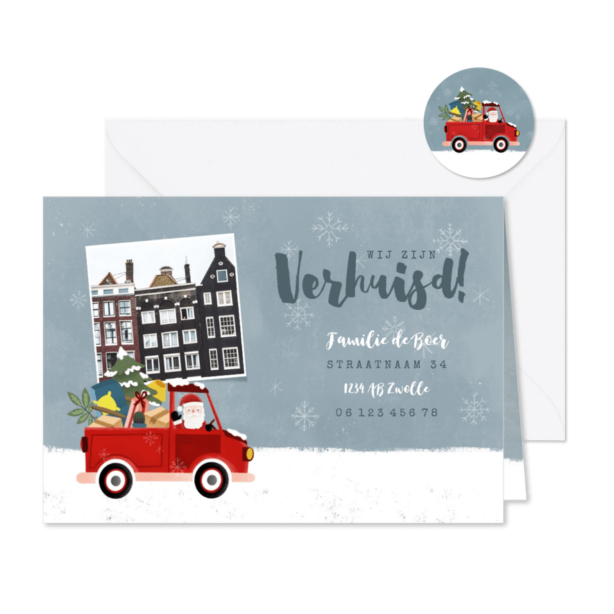 Verhuiskaart met kerstman in pick up truck en eigen foto - Kaartimpressie