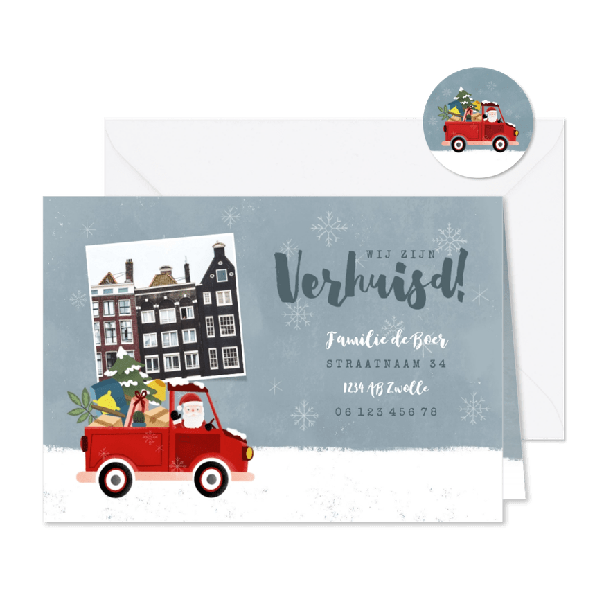 Verhuiskaart met kerstman in pick up truck en eigen foto - Kaartimpressie