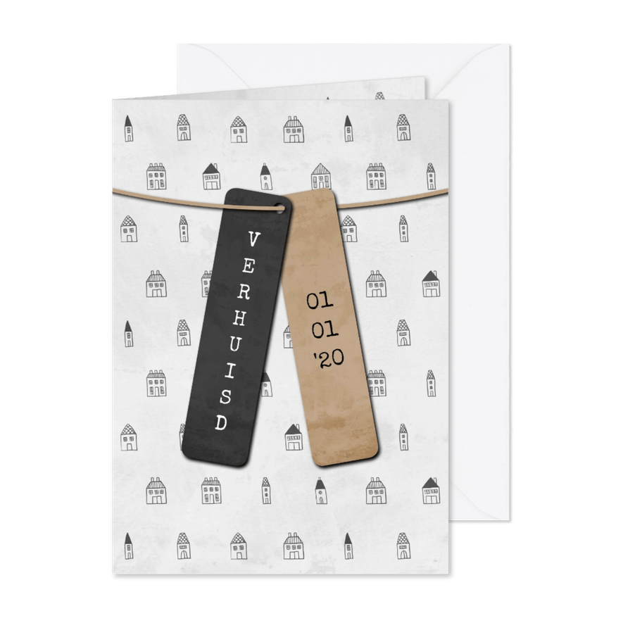 Verhuiskaart met labels en huisjes patroon - Kaartimpressie