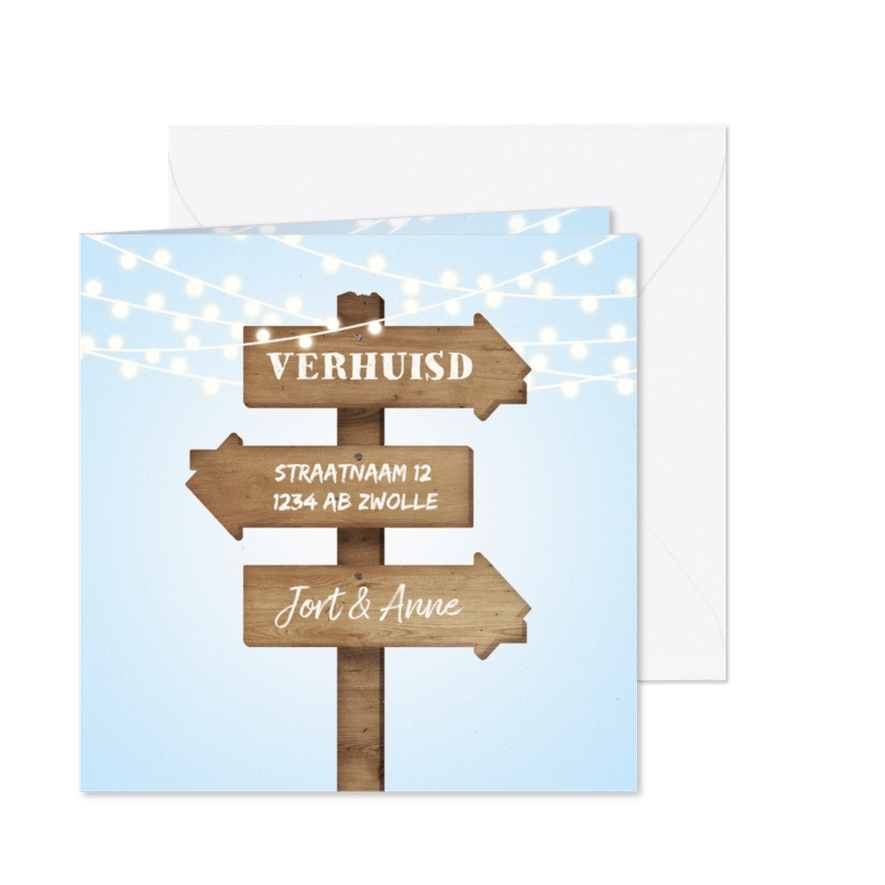 Verhuiskaart met lampjes en wegwijzerbord huisjes - Kaartimpressie
