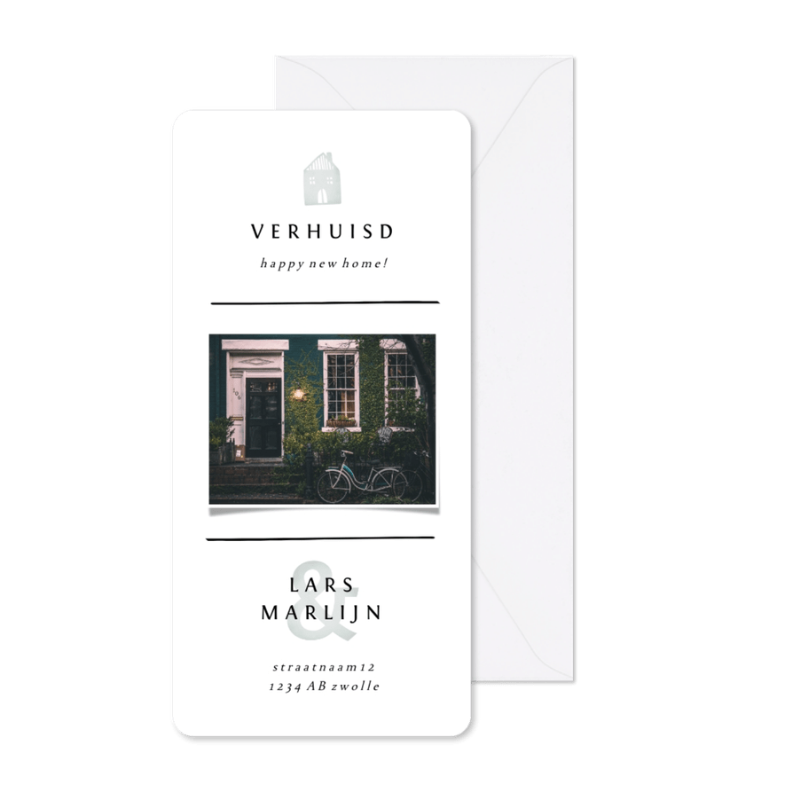 Verhuiskaart met lijnen, foto en lichtgroene accenten - Kaartimpressie