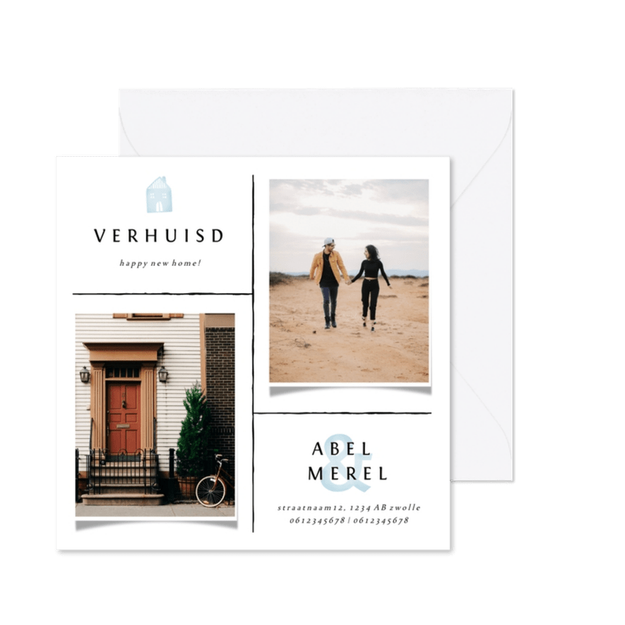 Verhuiskaart met lijnen, foto's en lichtblauwe accenten - Kaartimpressie