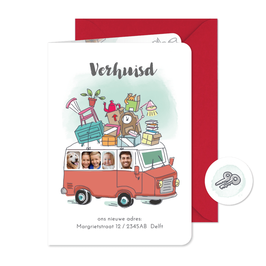 Verhuiskaart met oldtimer bus en foto's - Kaartimpressie