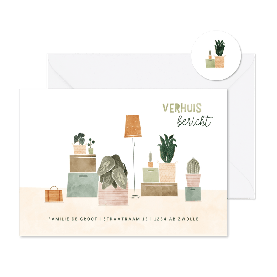 Verhuiskaart met plantjes en verhuisdozen verhuisbericht - Kaartimpressie