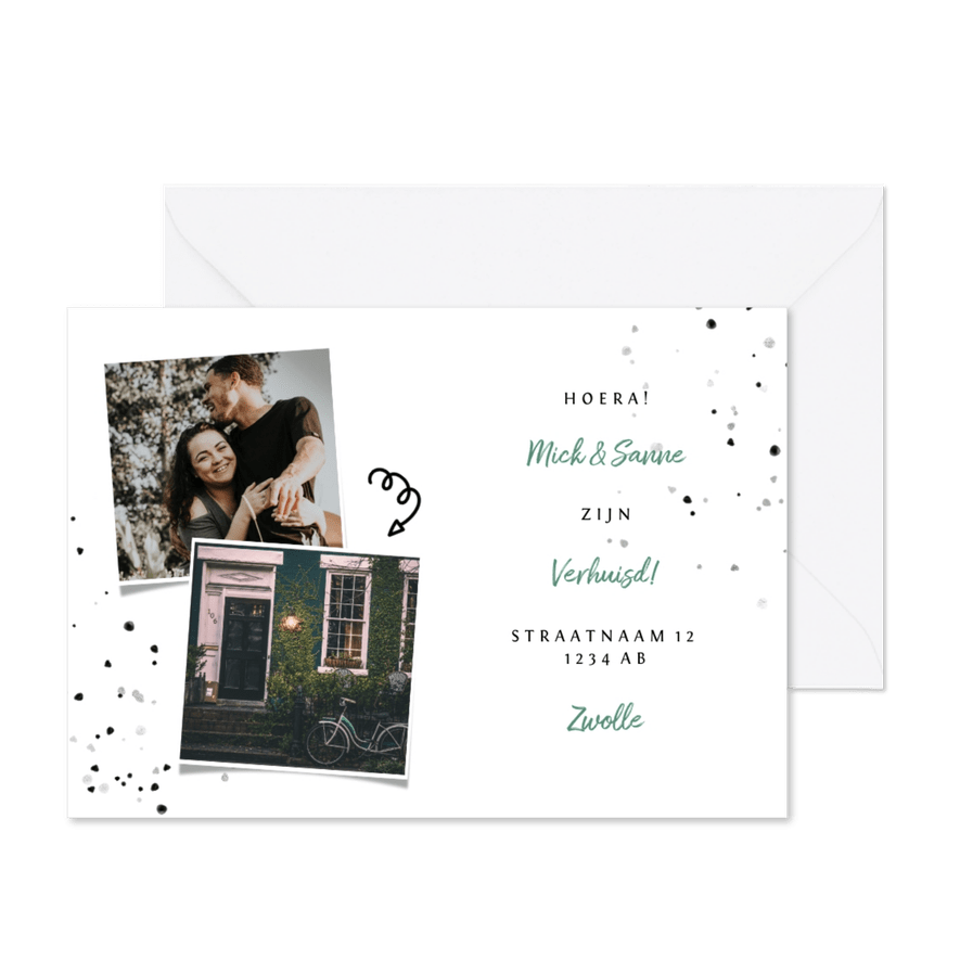 Verhuiskaart met spetters en foto's - Kaartimpressie