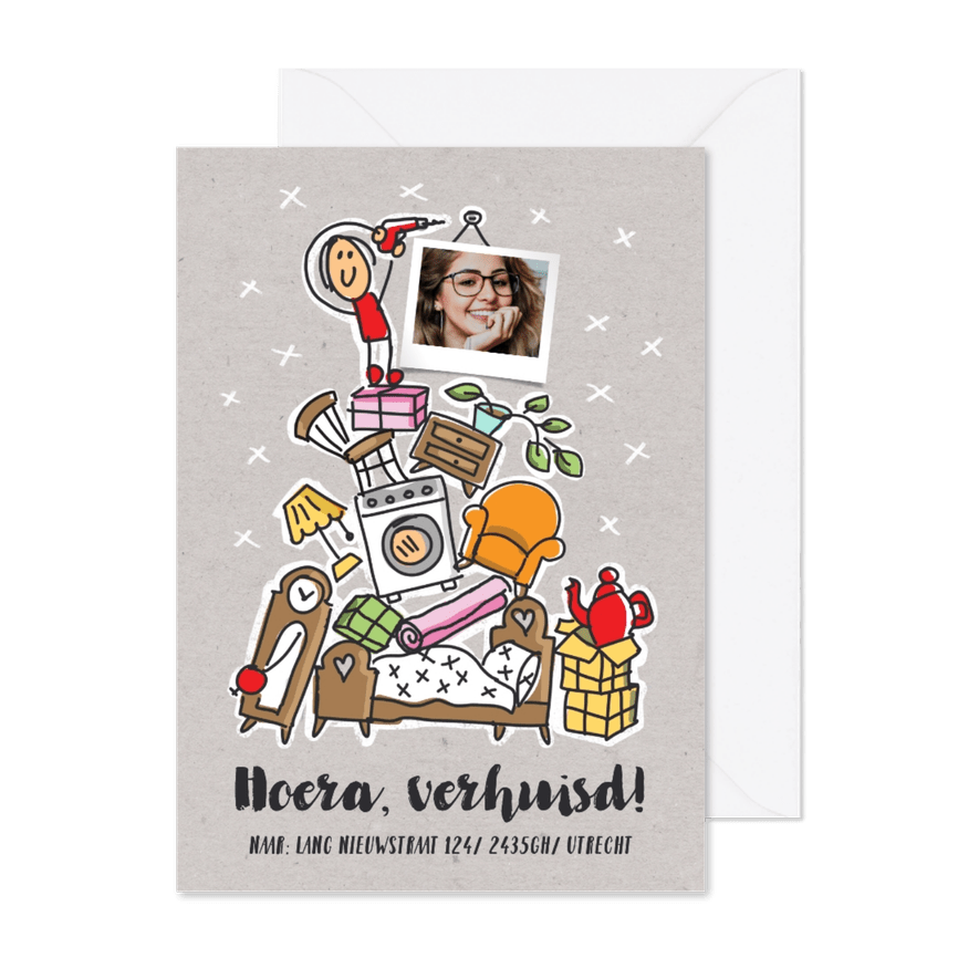 Verhuiskaart met stapel meubels en foto - Kaartimpressie