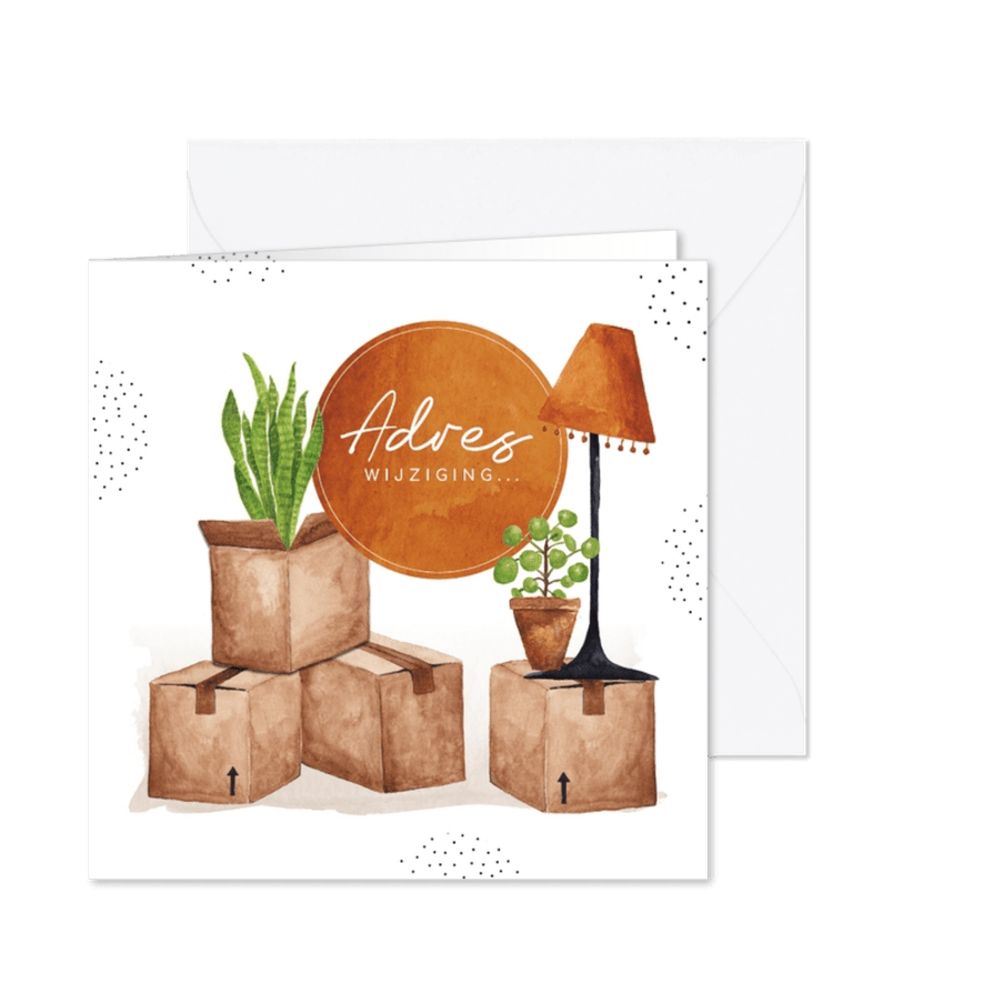 Verhuiskaart met verhuisdozen en planten van aquarel - Kaartimpressie