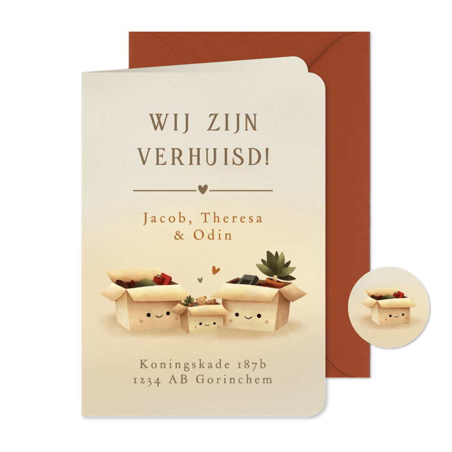 Verhuiskaart met verhuisdozen met oogjes gezin met 1 kind - Kaartimpressie