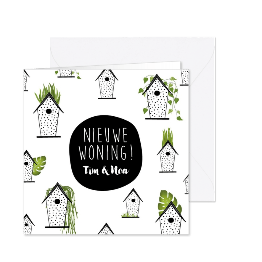 Verhuiskaart met vogelhuisjes en groene planten - Kaartimpressie