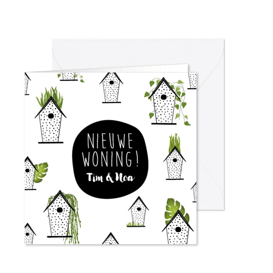 Verhuiskaart met vogelhuisjes en groene planten - Kaartimpressie