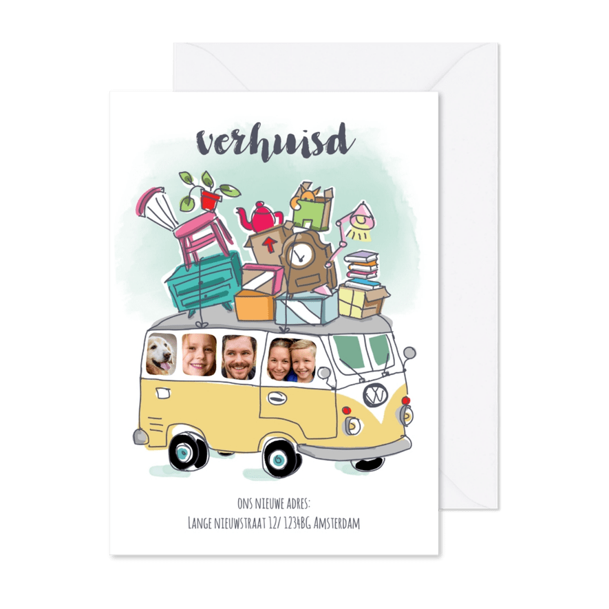 Verhuiskaart met volkswagenbusje en foto's - Kaartimpressie