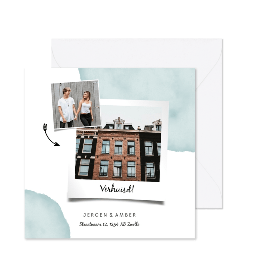 Verhuiskaart met waterverf, foto's en pijlen - Kaartimpressie