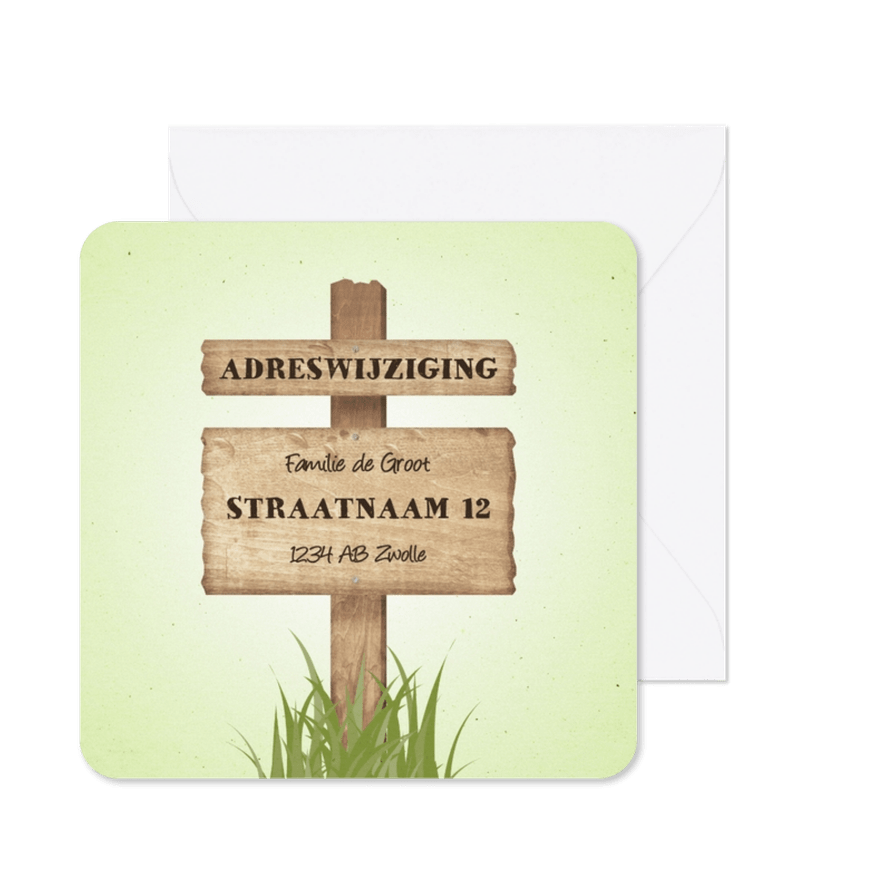 Verhuiskaart met wegwijzerbord en gras - Kaartimpressie