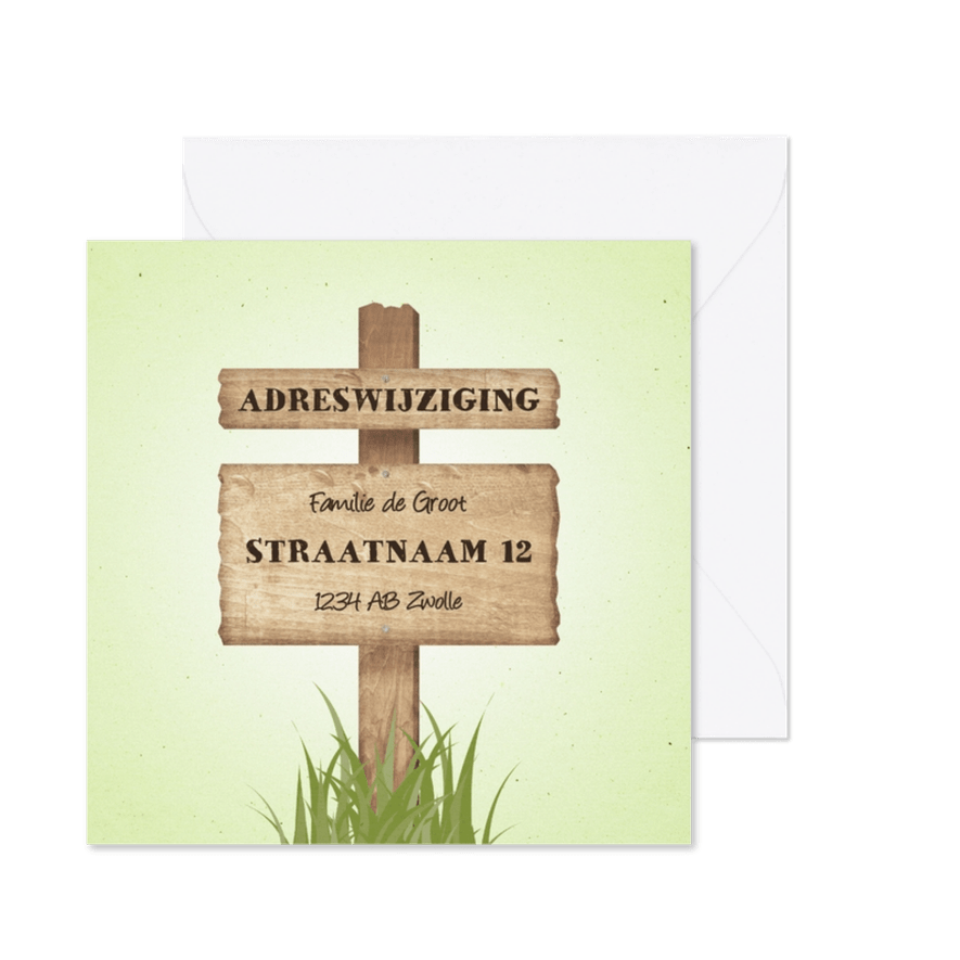 Verhuiskaart met wegwijzerbord en gras - Kaartimpressie