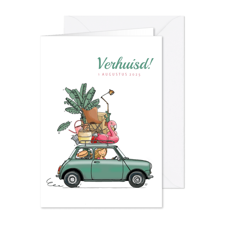 Verhuiskaart mini groen met spullen - Kaartimpressie