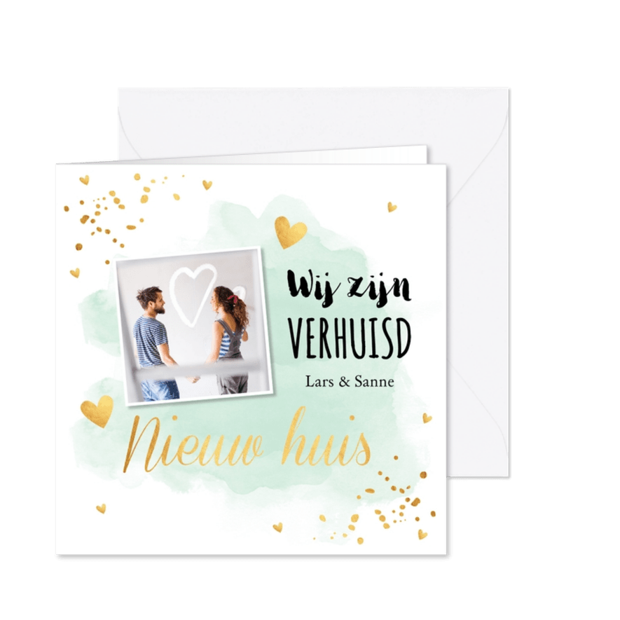 Verhuiskaart mintgroen watercolour foto goudlook - Kaartimpressie