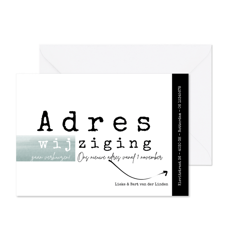 Verhuiskaart modern in zwart-wit met groen accent - Kaartimpressie