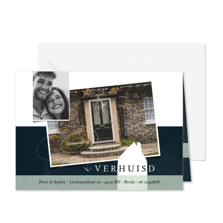 Verhuiskaart modern, met grote foto en wit huisje - Kaartimpressie