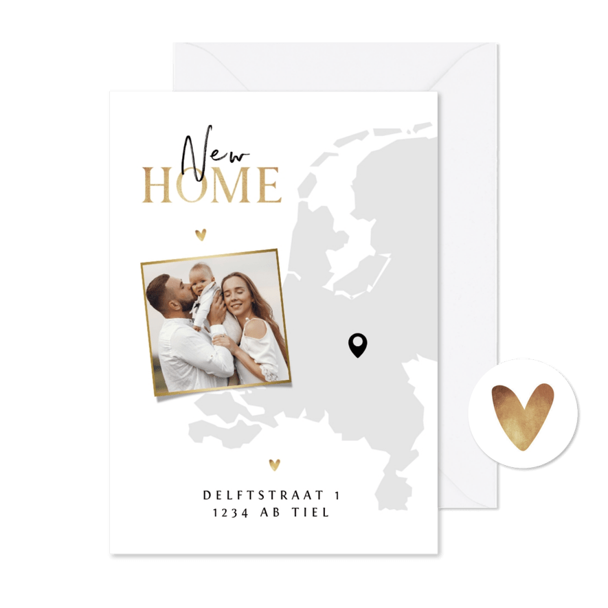 Verhuiskaart Nederland kaart new home goud hartjes foto - Kaartimpressie