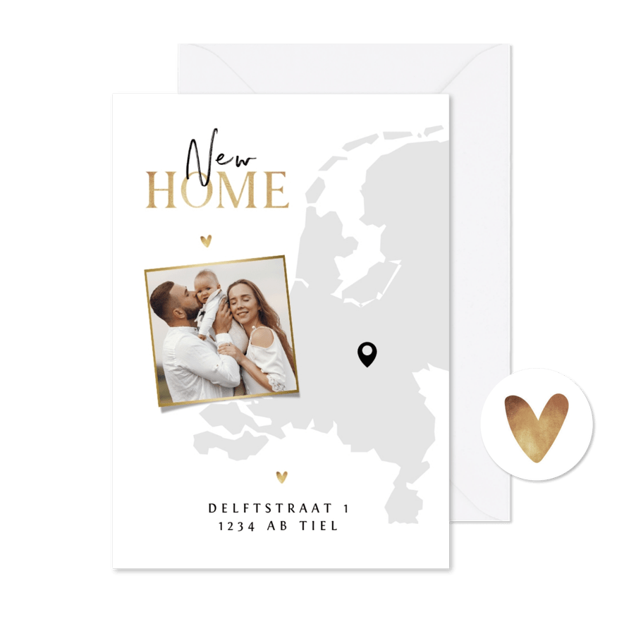 Verhuiskaart Nederland kaart new home goud hartjes foto - Kaartimpressie
