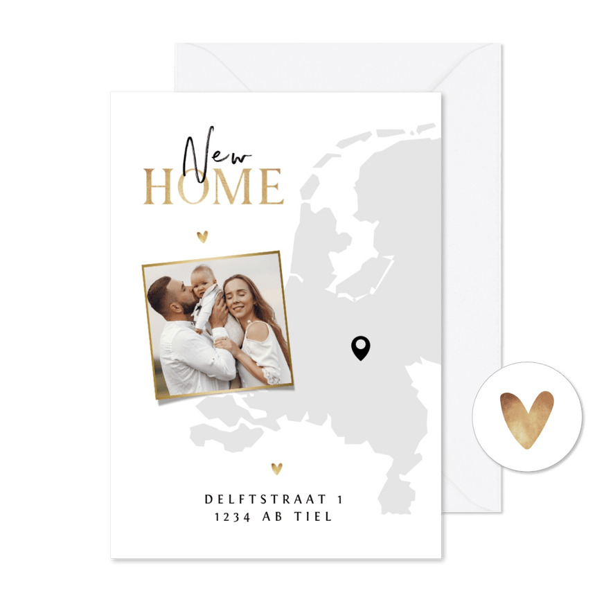 Verhuiskaart Nederland kaart new home goud hartjes foto - Kaartimpressie