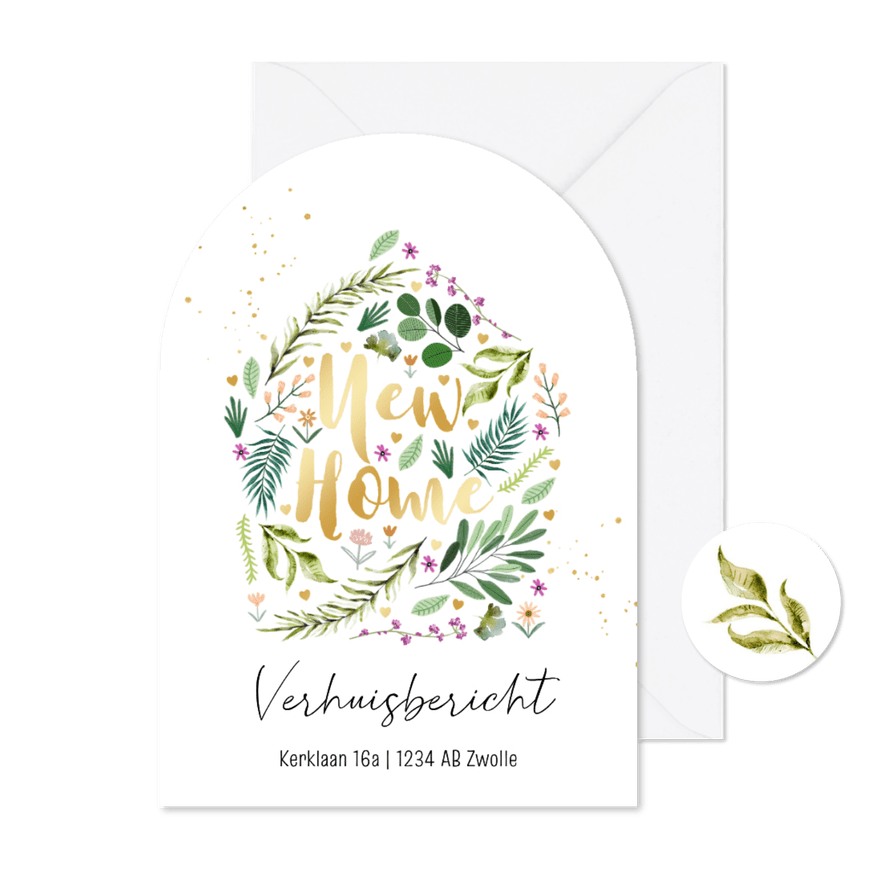 Verhuiskaart new home boogvorm planten bloemen  - Kaartimpressie