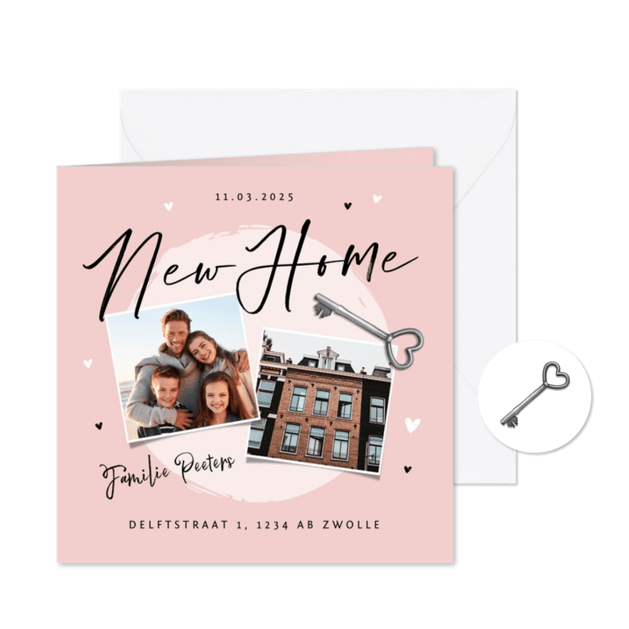 Verhuiskaart new home foto sleutel hartjes - Kaartimpressie