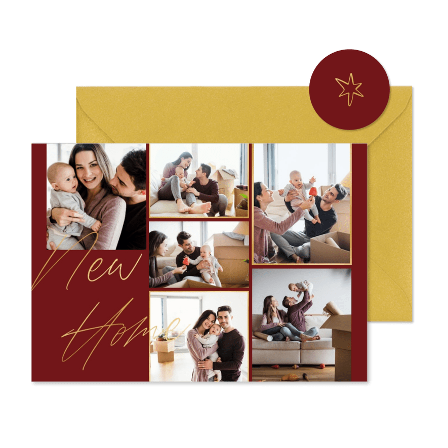 Verhuiskaart 'New Home' goud fotocollage 6 foto's - Kaartimpressie