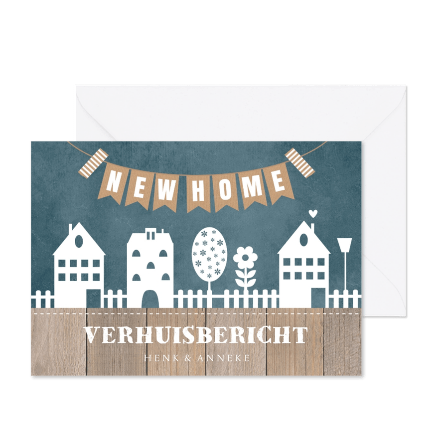 Verhuiskaart 'new home" huisjes blauw slinger - Kaartimpressie