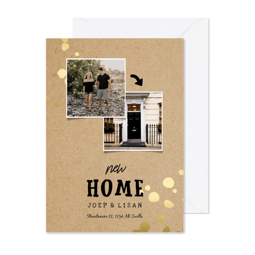 Verhuiskaart New Home kraft met gouden spetters - Kaartimpressie