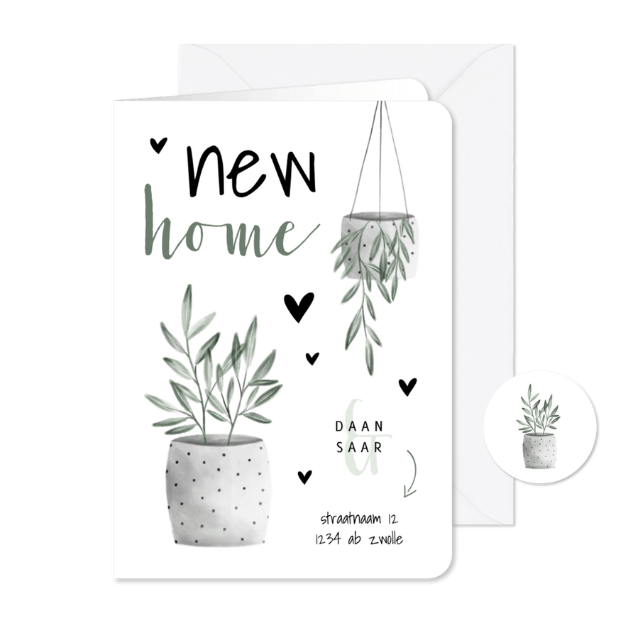 Verhuiskaart new home met planten en hartjes - Kaartimpressie