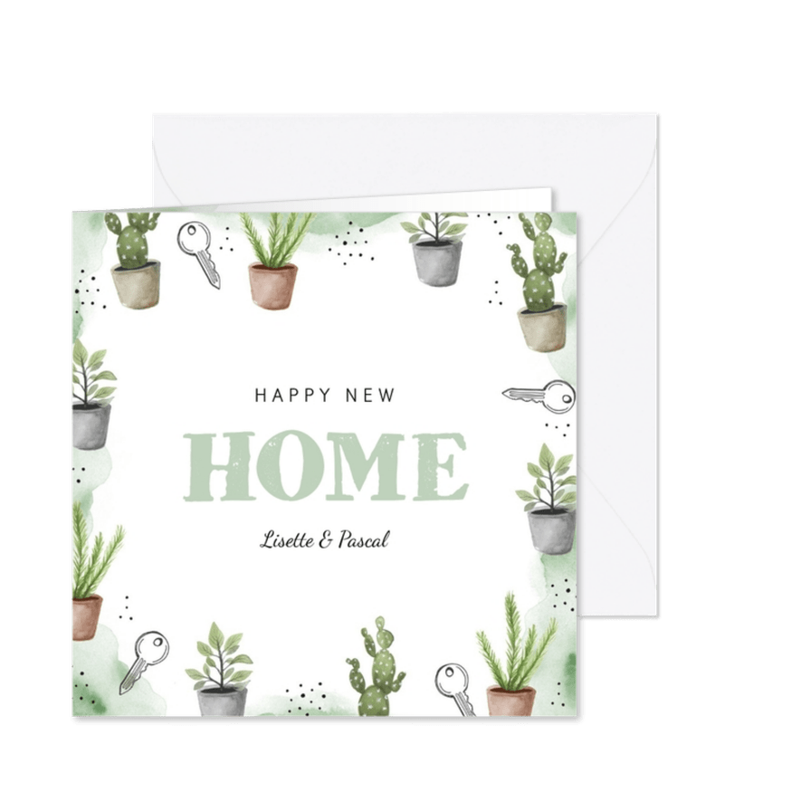 Verhuiskaart new home plantjes waterverf sleutel - Kaartimpressie
