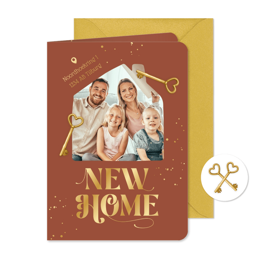 Verhuiskaart new home sleutel huis foto goud - Kaartimpressie