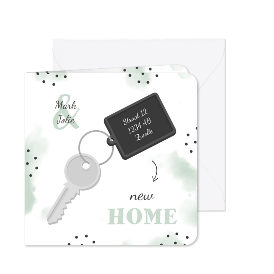 Verhuiskaart new home sleutel met label - Kaartimpressie