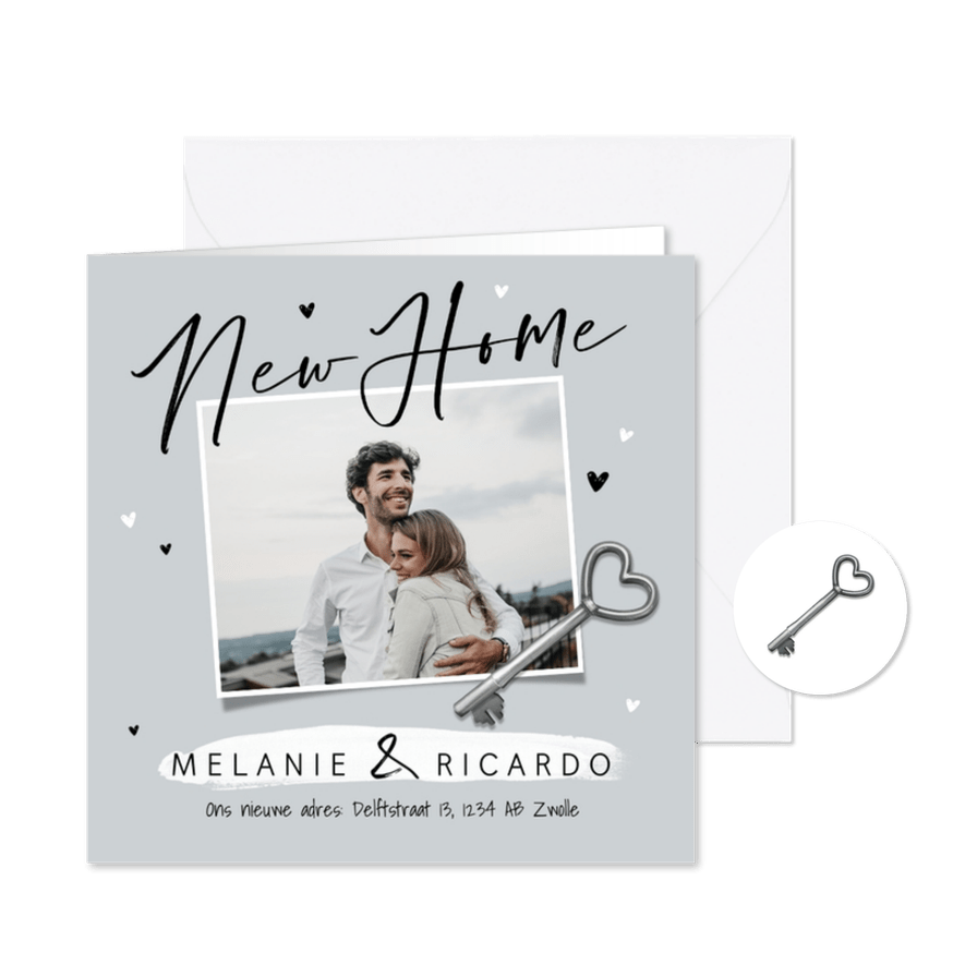 Verhuiskaart new home sleutel nieuwe woning foto hartjes - Kaartimpressie