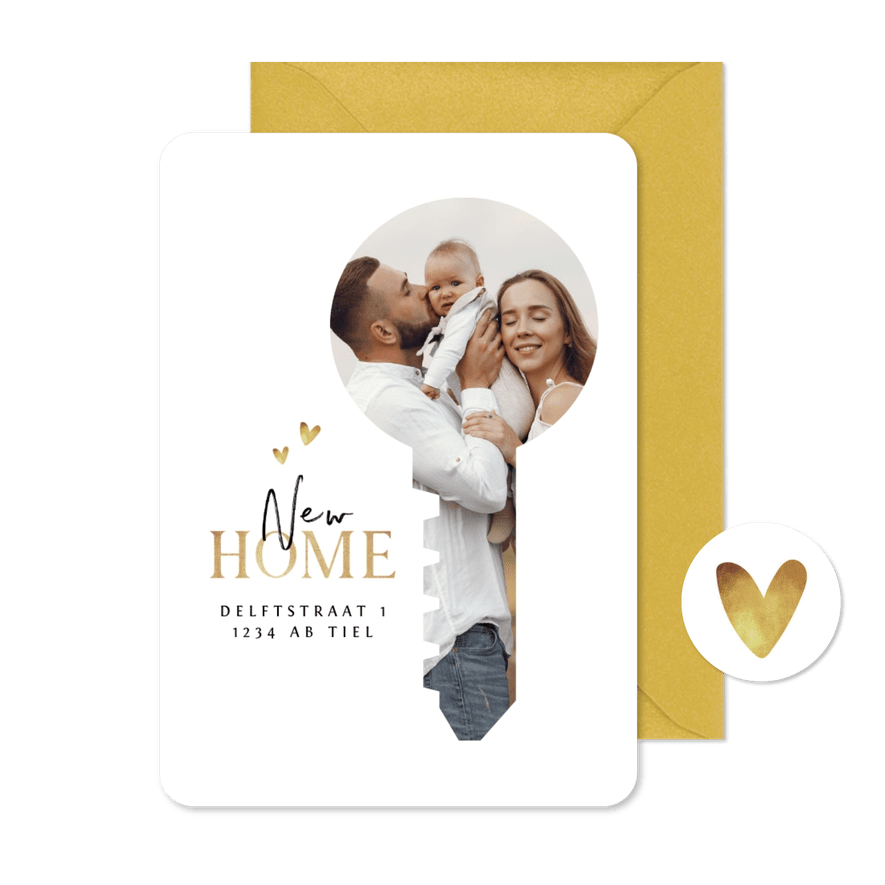 Verhuiskaart new home stijlvol sleutel fotokader goud - Kaartimpressie