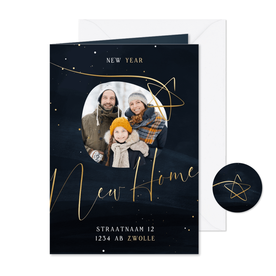 Verhuiskaart new year new home met foto en gouden ster - Kaartimpressie