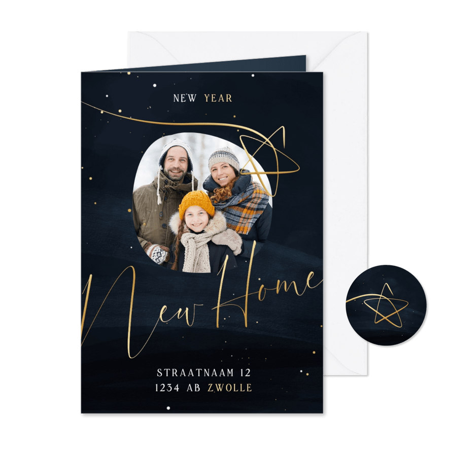 Verhuiskaart new year new home met foto en gouden ster - Kaartimpressie