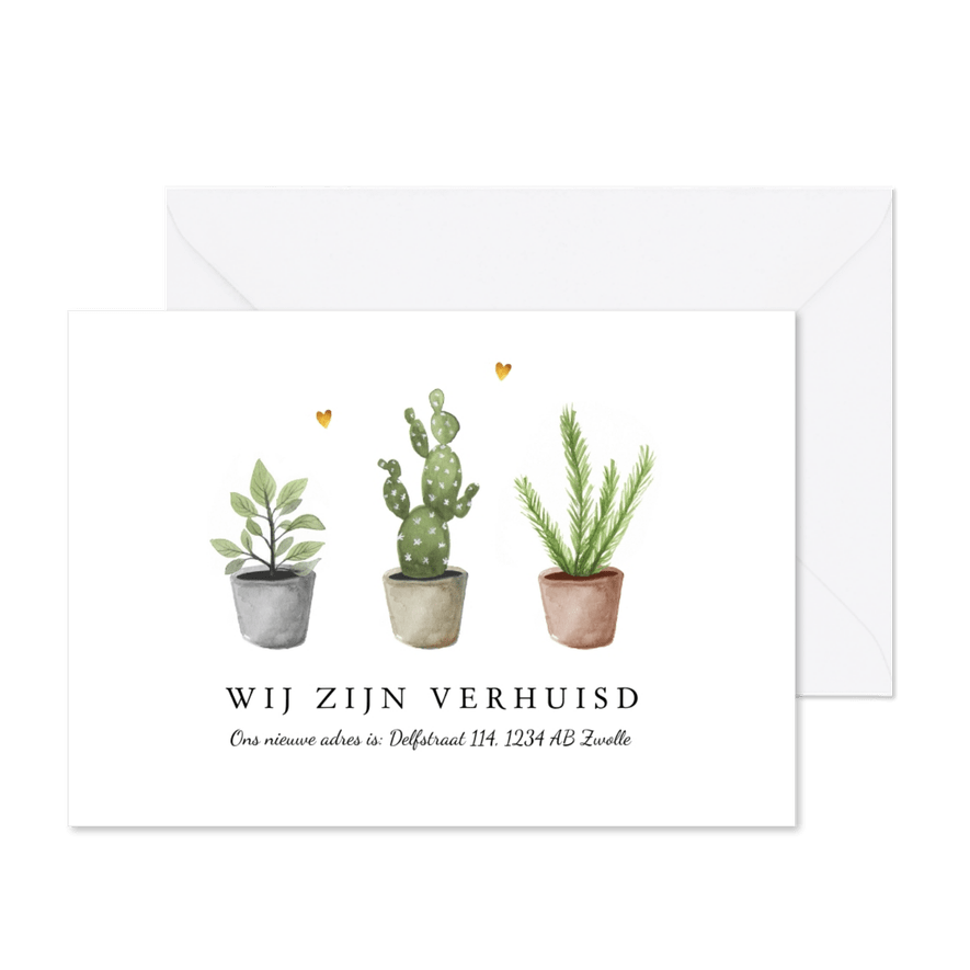 Verhuiskaart nieuw adres met plantjes en gouden hartjes - Kaartimpressie