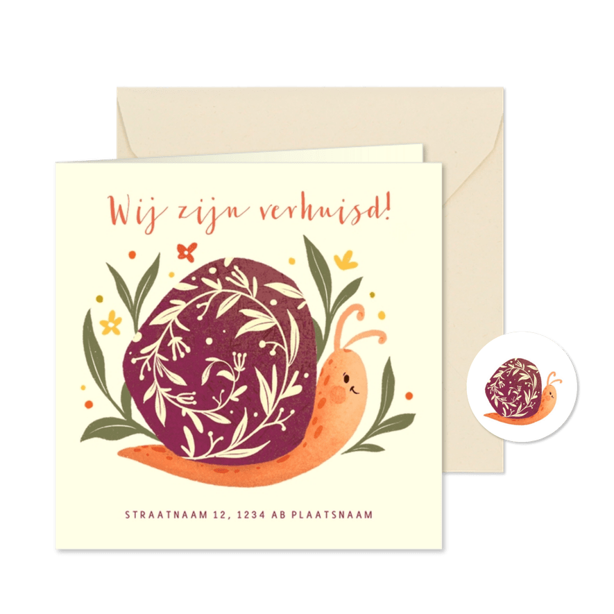 Verhuiskaart nieuw adres met slakje en bloemen - Kaartimpressie