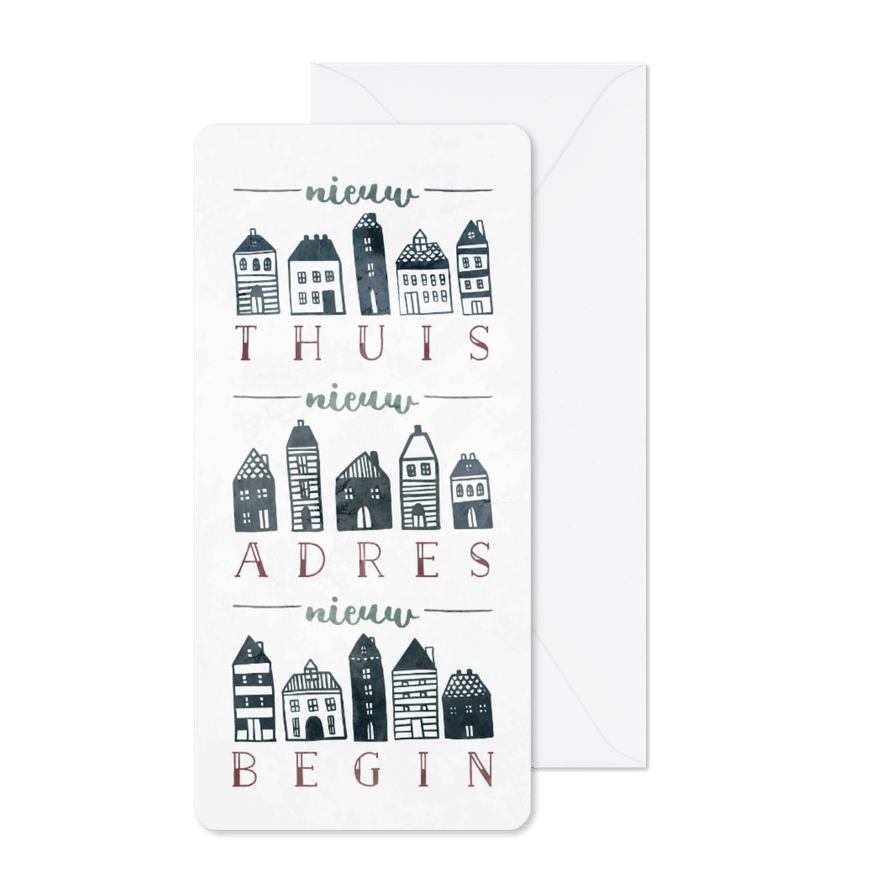 Verhuiskaart 'Nieuw Begin' langwerpig met huisjes - Kaartimpressie