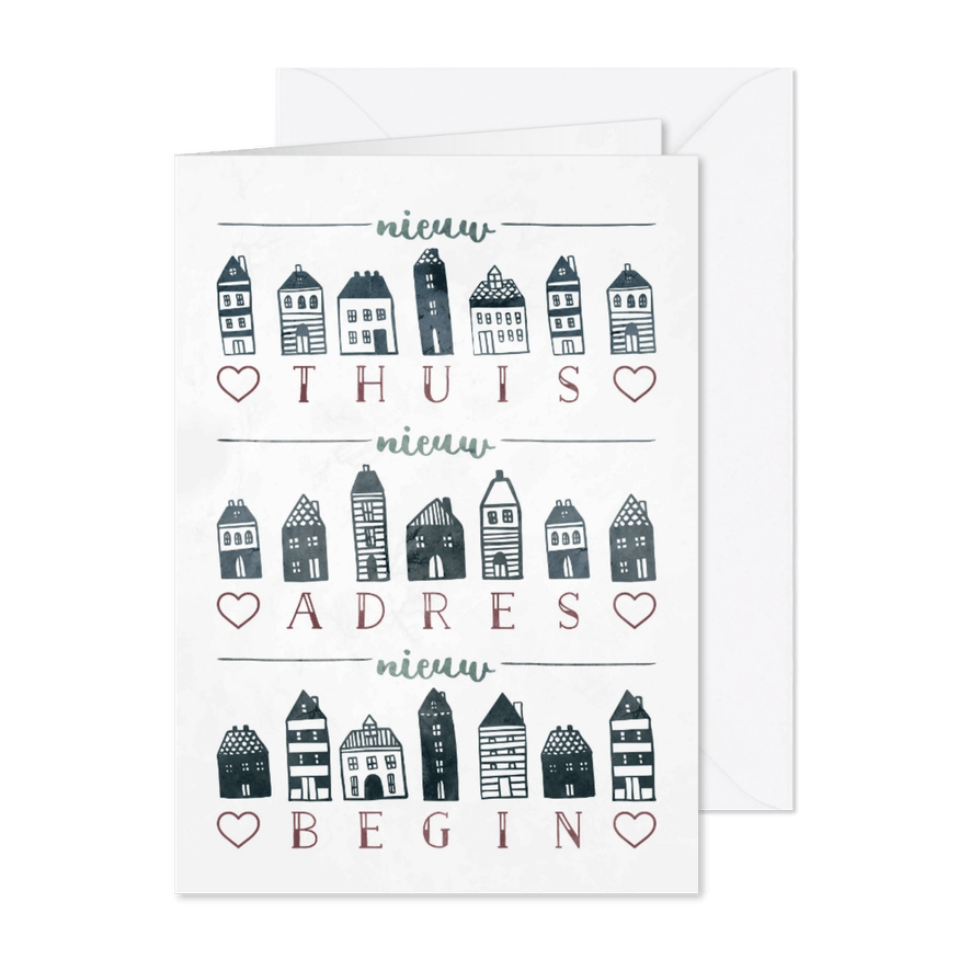 Verhuiskaart 'Nieuw Begin' met huisjes - Kaartimpressie