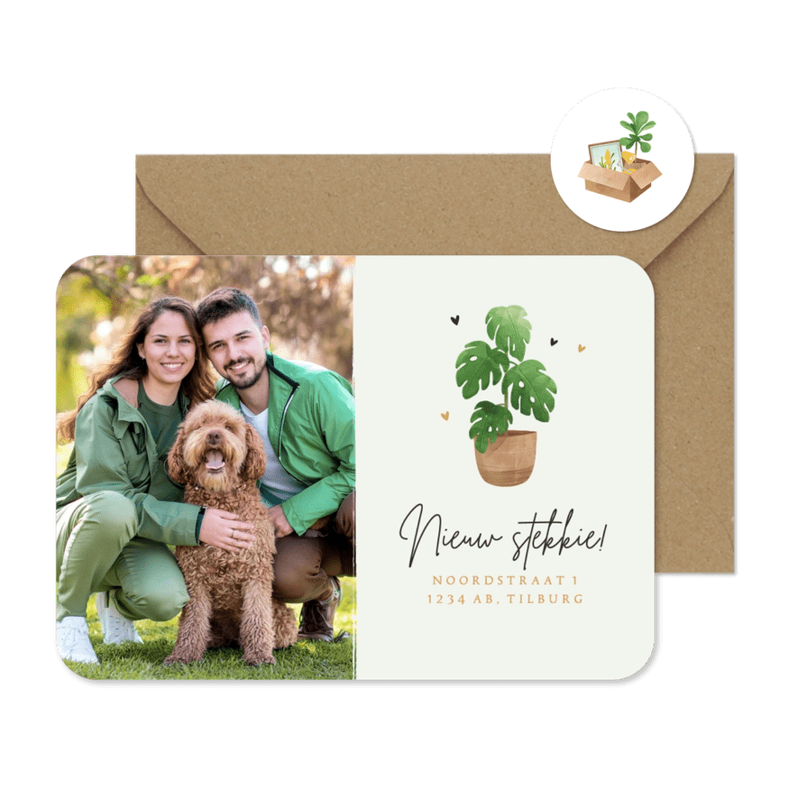 Verhuiskaart nieuw stekkie plantje hartjes foto verhuisdoos - Kaartimpressie